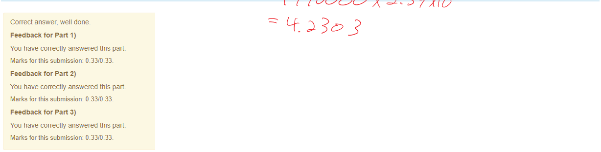 Untitled picture.png Machine generated alternative text:
Question: 
a 
Figure 1 _ Six identical charges are arrange in a circle (600 between them). 
In this question we are going to consider an assembly of 6 charges evenly spaced around a circle as shown in the figure. The radius of the circle is a — 7.29 cm and each charge is 
q = 4-2.39gC. Take the potential at infinite distance from a charge to be 0, (Vm = 0). 
part 1) 
What is the potential at distance a trom the centre of the circle due just to the red charge on its own? 
V = 295000 
Your last answer was interpreted as follows: 295000 
part 2) 
What is the potential at the centre ot the circle once all 6 charges are assembled? 
V = 1770000 
Your last answer was interpreted as follows: 1770000 
part 3) 
How much work does a force nave to do to move a final panicle with charge +2.39"C trom an infinite distance away to the centre of the circle? 
w = 4.23 
Your last answer was interpreted as follows: 4.23 
Untitled picture.png Machine generated alternative text:
Correct answer, well done. 
Feedback tor Part 1) 
You have correctly answered this part 
Marks for this submissiom 0.33/0.33. 
Feedback tor Part 2) 
You have correctly answered this part 
Marks for this submissiom 0.33/0.33. 
Feedback tor Part 3) 
You have correctly answered this part 
Marks for this submissiom 0.33/0.33. 
￼
￼
